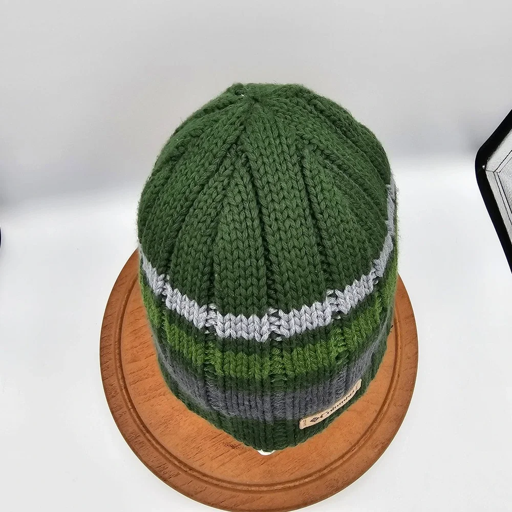 Columbia In-Bounds Beanie‎ Green Grey Stripe Fleece Lined Knit Winter Hat Unisex
